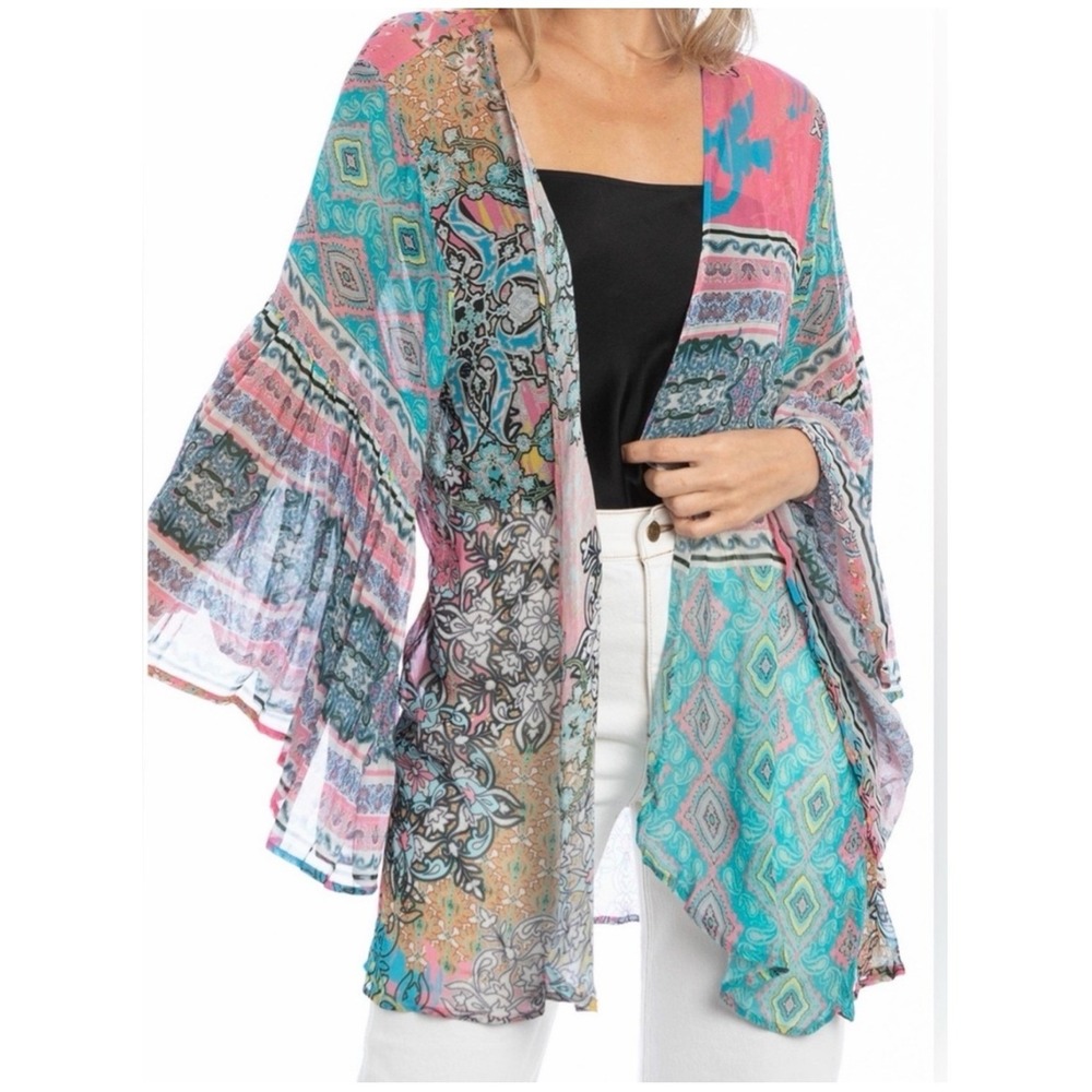 Saachi Kimono Paisley Floral Tiered Bell Sleeve OS Colorful Topper Boho Open